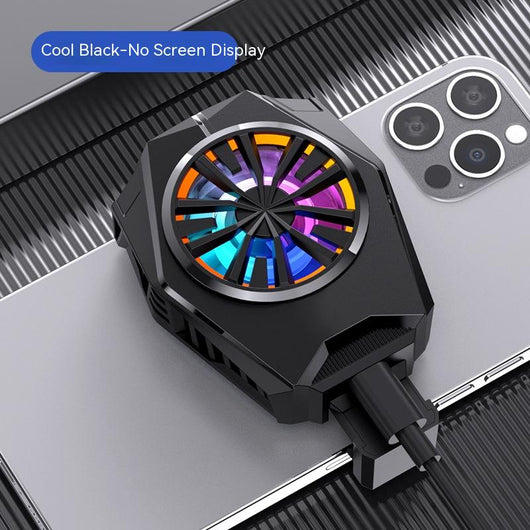 Black mobile phone cooling fan with colorful LED lights attached to the back of a silver smartphone. - Image 3