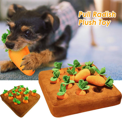 Brown plush snuffle mat with ten orange carrot-shaped toys, each with green leafy tops, for pet foraging and play. - Image 16