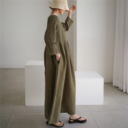 Vestido Lino Suelto Talla Grande - Blusa Larga Estilo Estudiante Cuello Redondo - Image 19