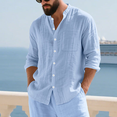 Camisa de Lino Transpirable para Hombre con Cuello Mao y Manga Larga - Image 9