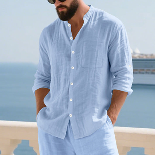 Camisa de Lino Transpirable para Hombre con Cuello Mao y Manga Larga - Image 9