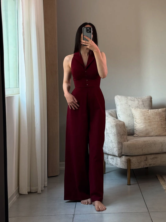 Jumpsuit Burgundy Elegante sin Espalda con Cordones - Image 2