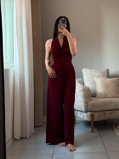 Jumpsuit Burgundy Elegante sin Espalda con Cordones - Image 2