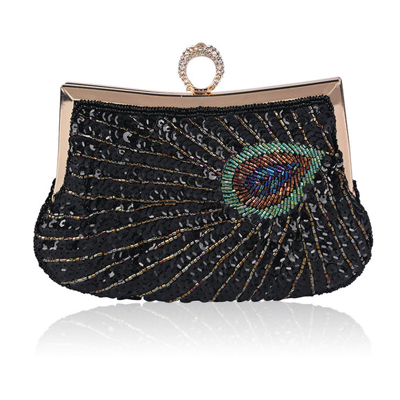Bolso de Cena con Anillo de Cuentas Pavo Real Hecho a Mano