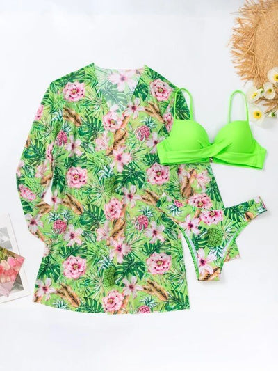 Women's red bikini with a tropical floral and pineapple print cover-up shawl, featuring a twisted front top. - Image 14