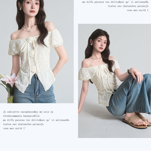 Blusa Floral Tridimensional Estilo Francés Manga Corta - Image 11