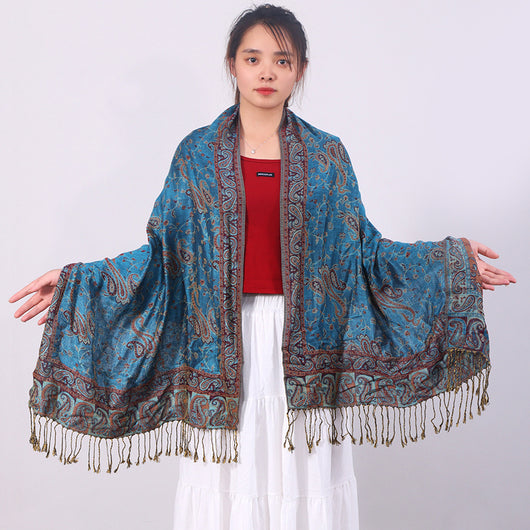 Bufanda Jacquard de Cachemira Clásica Multiusos con Flecos de Anacardo - Image 16