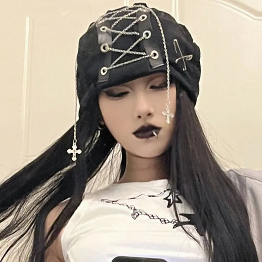 Gorro Gothic Lolita Negro Profundo Estilo Harajuku Punk para Mujer