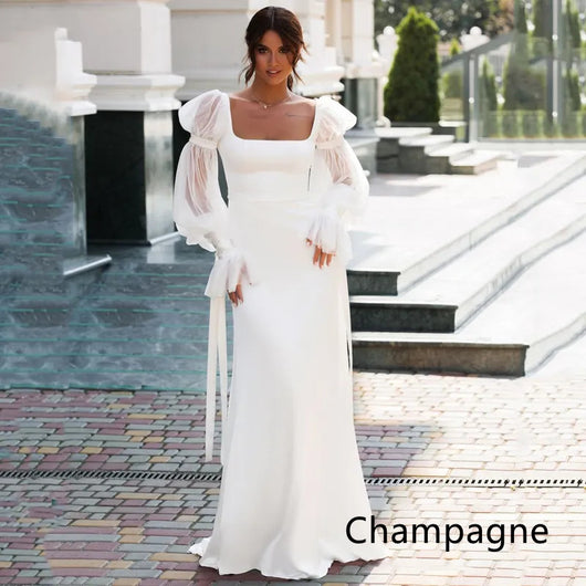 Vestido de Novia Sirena en Satén Elegante con Mangas Puff Largas - Image 13