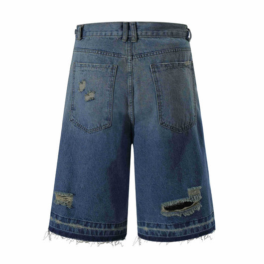 Shorts Vaquero Recto Desgastado con Roturas Retro para Hombre - Image 9