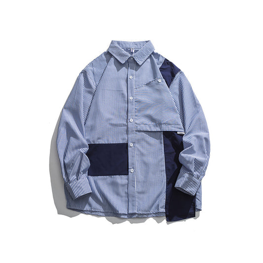 Camisa Rayada de Manga Larga con Detalles de Costura en Solapa