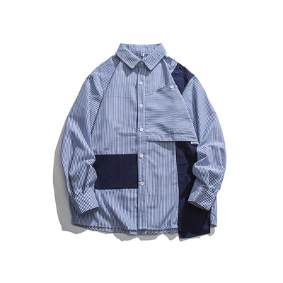Camisa Rayada de Manga Larga con Detalles de Costura en Solapa