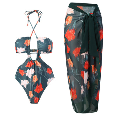 Dark green floral one-piece swimsuit with halter neck, bandeau top, cut-outs, and matching sheer sarong. - Image 7
