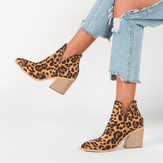 Botas Cortas Leopardo Mujer Tacón Alto Grueso Punta Fina - Image 14