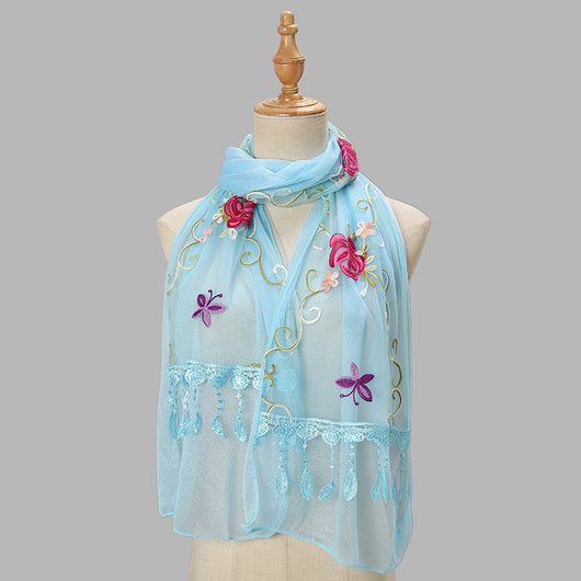 Pañuelo Floral Doble Capa con Bordado y Flecos para Mujer - Image 14