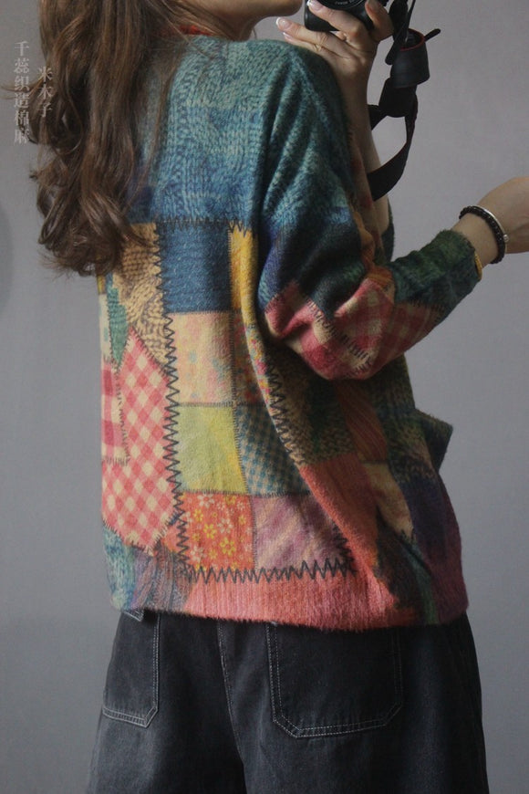 Cardigan de Punto Vintage con Cuello en V y Estampado