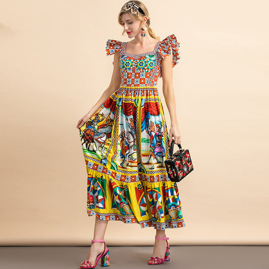Vestido de Algodón con Estampado Guerrero de Mangas Volantes