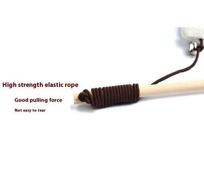 Cat teaser toy with a long wooden pole, a striped ball, brown feathers, and a small bell. - Image 14