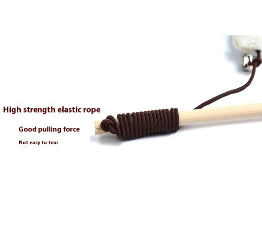 Cat teaser toy with a long wooden pole, a striped ball, brown feathers, and a small bell. - Image 14