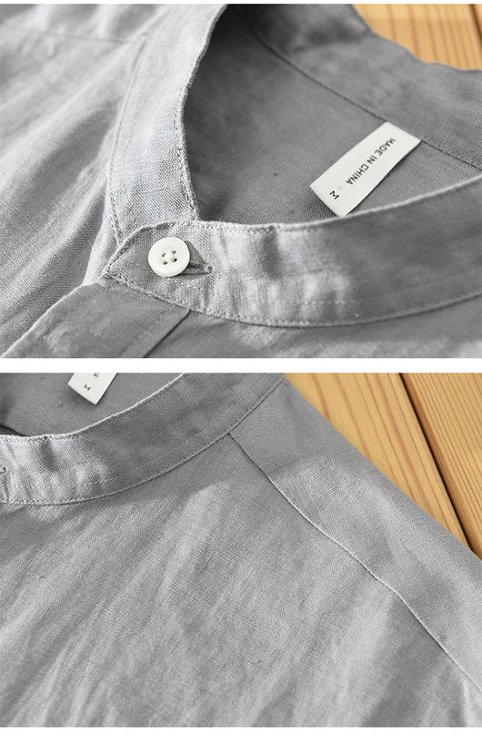 Camisa de Lino con Cuello Mao y Mangas Largas - Corte Holgado Casual - Image 14