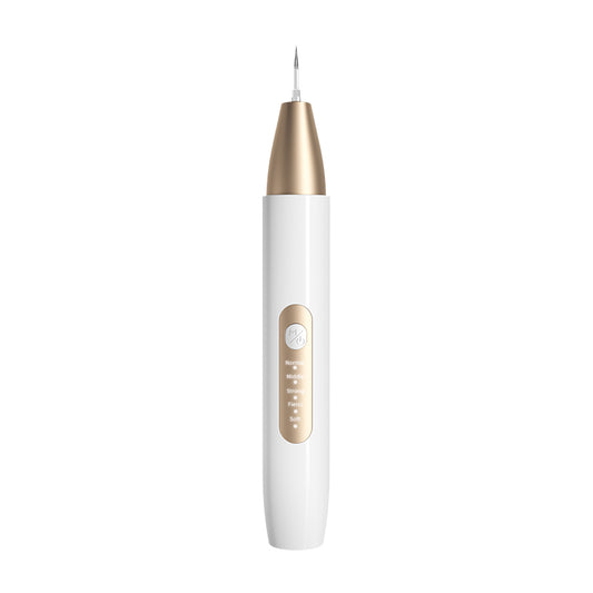 White and gold ultrasonic tooth cleaner with a pointed metal tip, standing in a white charging base. - Image 2