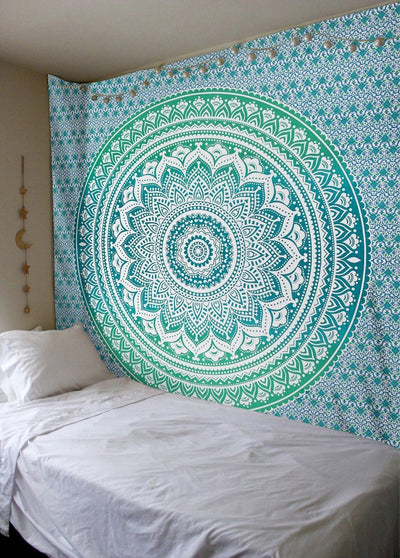 Black and white mandala tapestry with intricate floral and geometric patterns hanging on a bedroom wall. - Image 2