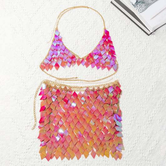 Woman wearing a gold-tone body chain top with iridescent pink and orange diamond-shaped sequins, perfect for beach or festival. - Image 36