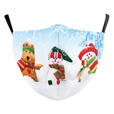 Black dustproof face mask with a digital print of Santa Claus and two reindeer in a snowy forest scene. - Image 5