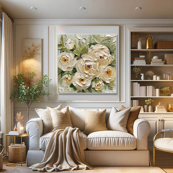 Cuadro Abstracto Óleo sobre Lienzo - Arte Moderno Flores y Hojas Verdes para Decoración del Hogar