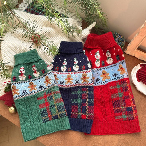 Suéter Navideño para Mascotas - Diseño Muñeco de Nieve y Jengibre