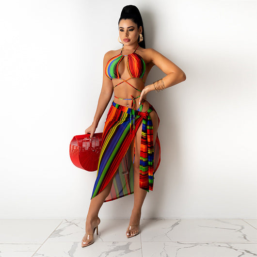 Bikini de Tres Piezas con Tul Estampado y Abertura Lateral - Image 7