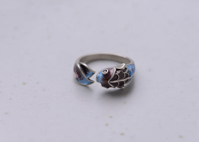 Anillo de Plata S925 Carpa Koi Azul Esmaltado Estilo Retro - Image 7