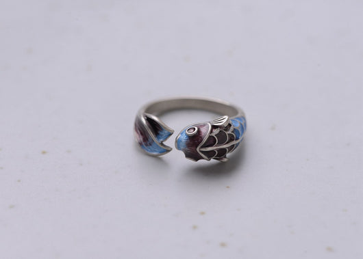 Anillo de Plata S925 Carpa Koi Azul Esmaltado Estilo Retro - Image 7