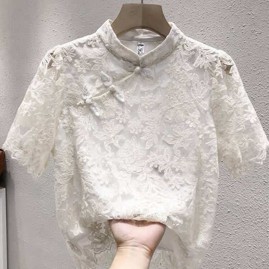 Blusa Étnica China con Encaje y Cierre de Hebilla - Image 2
