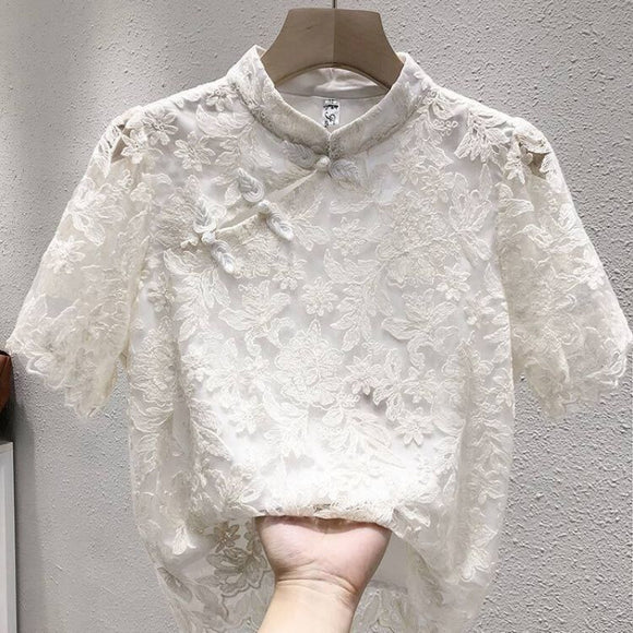 Blusa Étnica China con Encaje y Cierre de Hebilla