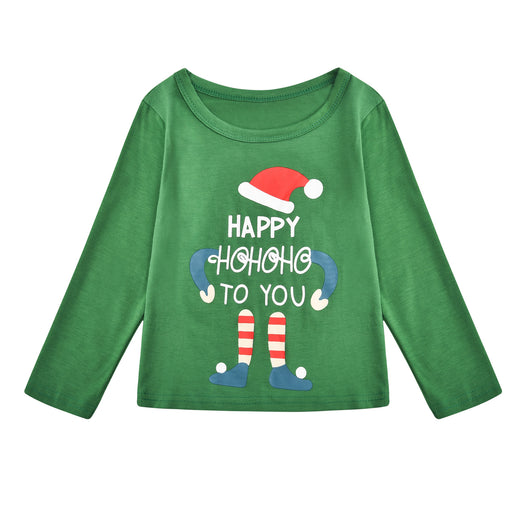 Family Christmas pajamas set with green long-sleeve tops featuring an elf print and 'HAPPY HOHOHO TO YOU' text, paired with red and white striped bottoms. - Image 12