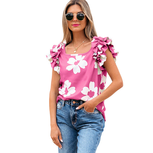 Blusa Floral Fruncida de Manga Corta Estilo Europeo y Americano - Image 7