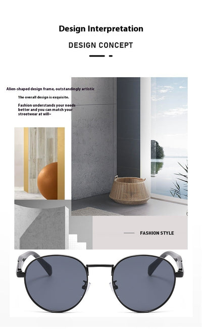 Silver metal round frame sunglasses with dark grey lenses and black temples, offering UV protection for women. - Image 18