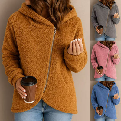 Sudadera Suelta de Lana de Cordero con Cierre y Mangas Largas