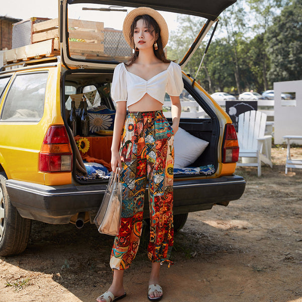 Pantalones Sueltos de Playa con Estampado Retro para Mujer