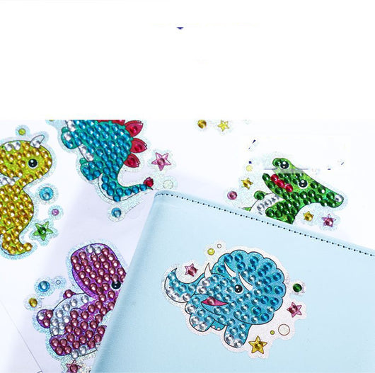 Cartoon diamond painting stickers featuring a narwhal, jellyfish, crab, fish, seahorse, and starfish with colorful resin gems. - Image 13