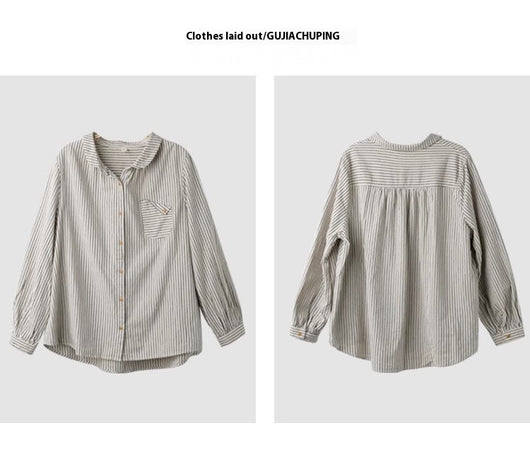 Blusa Retro de Lino y Algodón a Rayas con Diseño Artístico - Image 20