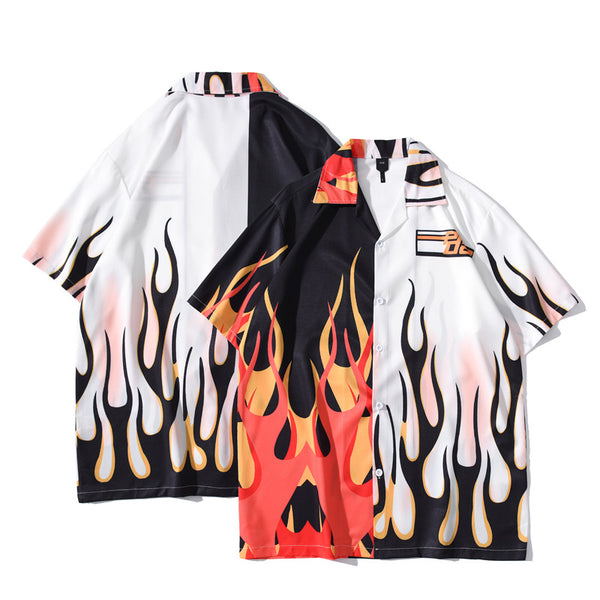 Camisa Estampada Flame Personalidad Americana de Manga Corta para Hombre