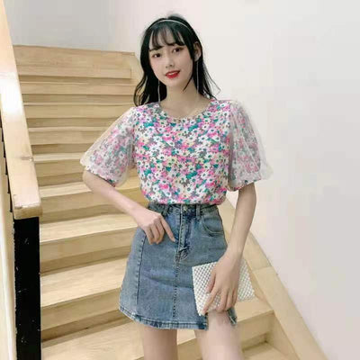 Blusa Holgada de Malla con Perlas y Mangas Puff