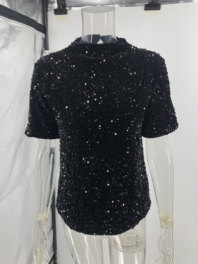 Playera Corta de Lentejuelas y Terciopelo con Cuello Redondo - Image 11
