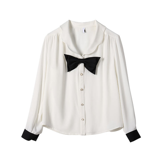 Blusa Elegante con Cuello Diseñador y Lazo Manga Larga