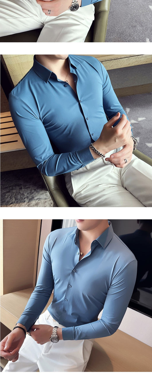 Camisa Ejecutiva Coreana Slim Fit de Punto Elástico para Hombre - Image 23