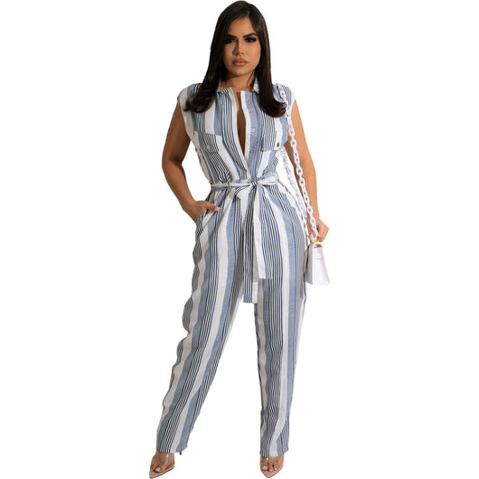 Jumpsuit para Mujer con Estampado de Rayas y Bloques de Color - Image 5