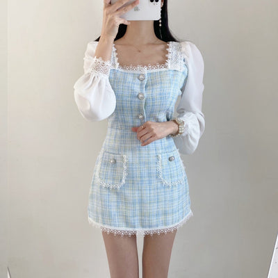 Conjunto de Dos Piezas con Camisa Cuadros Cuello Cuadrado y Falda Corta - Image 8