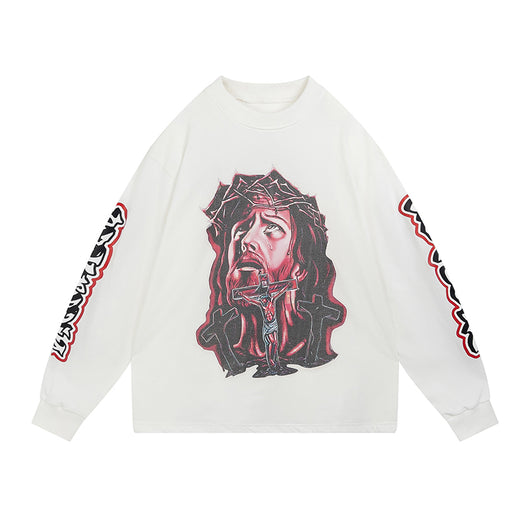Playera Holgada de Manga Larga con Estampado de Cruz para Parejas - Image 4